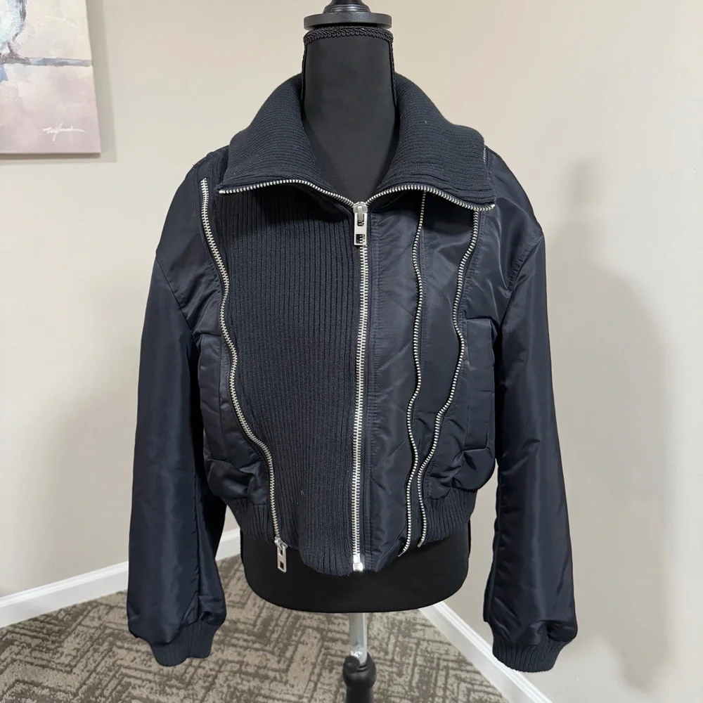 Zara Navy Zippered Pinstriped Bomber Jacket NWT - Picture 9 of 16